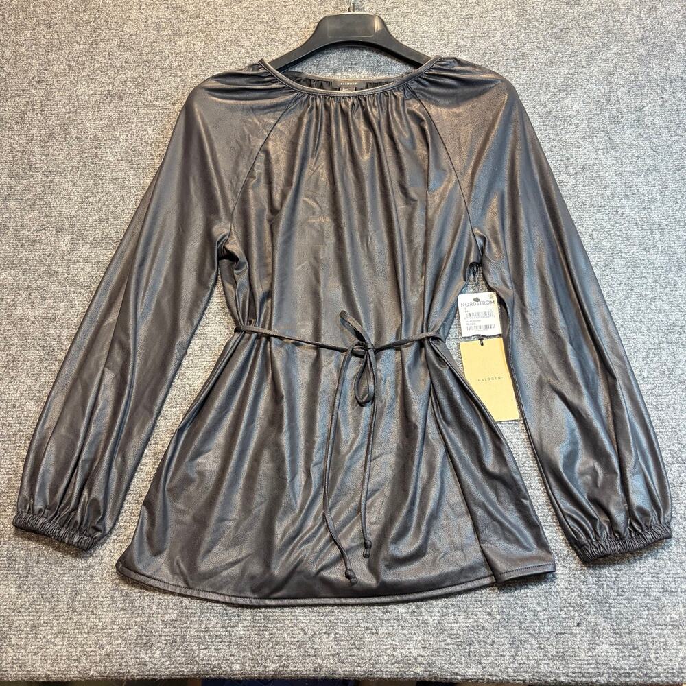 Brand New Halogen Women Small Black Metallic Long Sleeve Tie Waist Blouse